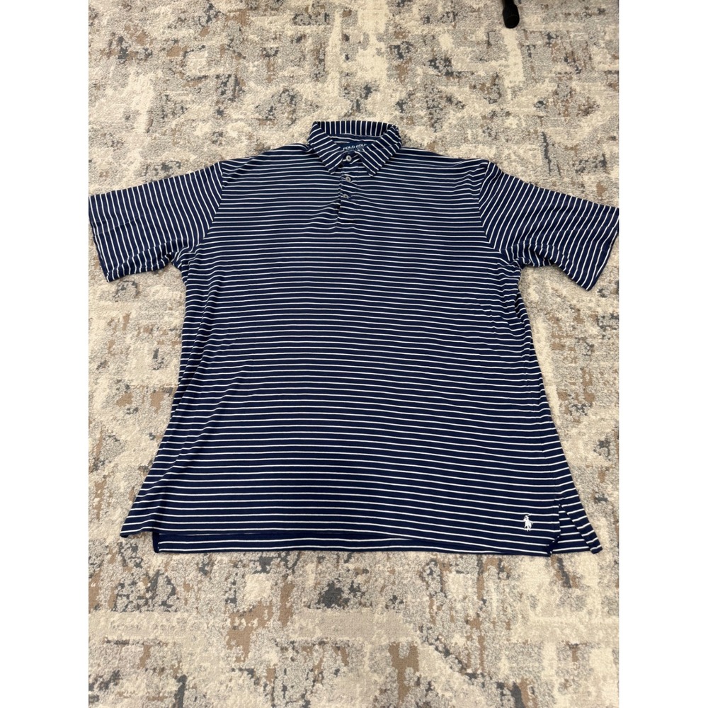 VTG Polo Golf Ralph Lauren Mens Large Pima Cotton‎ Striped Polo Shirt Navy Blue
